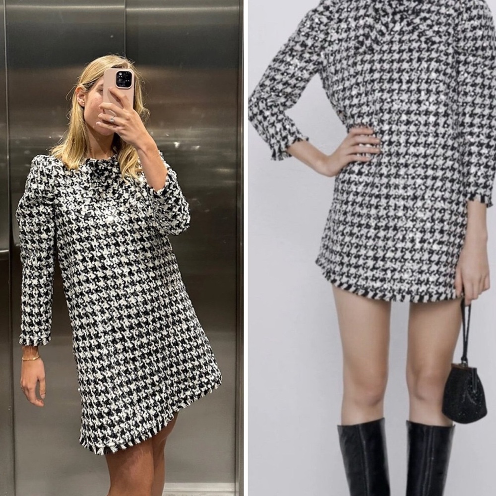 Zara Sequin Black and White Tweed Houndstooth Mini Dress Bloggers favorite